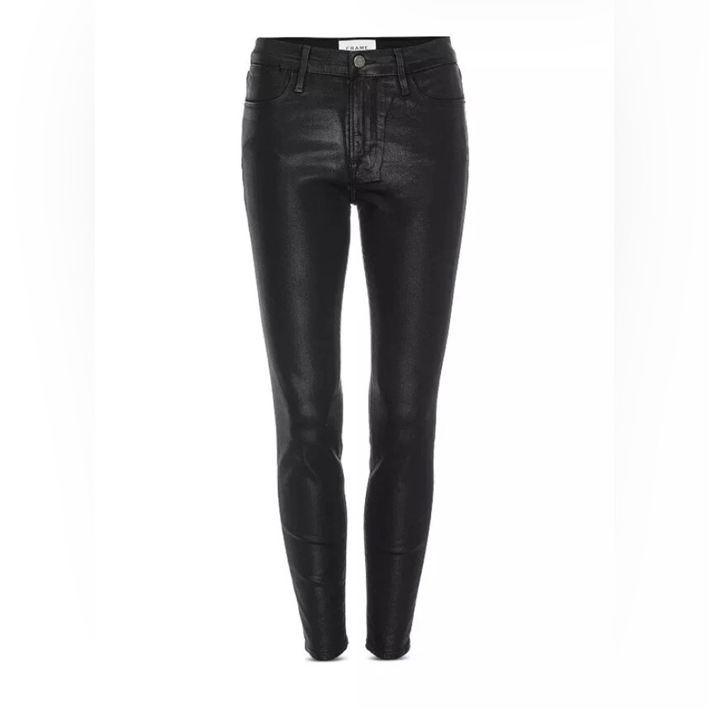 FRAME Le Skinny de Jeanne Noir Coated Ankle Jeans 24 Black Faux Leather Look Mid